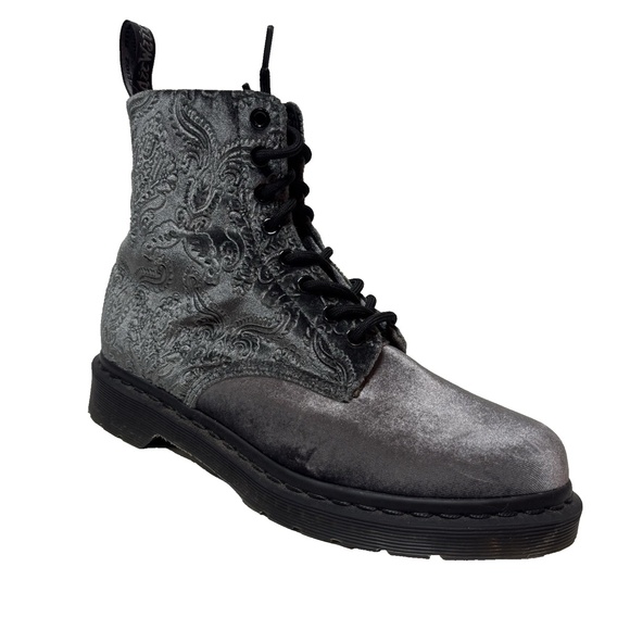 Dr Martens Brocade Velvet Lace Up Combat Boots Grey Silver Paisley Women's 8 - Picture 2 of 10